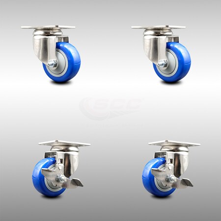 Service Caster 3.5 Inch 316SS Blue Polyurethane Wheel Swivel Top Plate Caster Brakes SCC, 2PK SCC-SS31620S3514-PPUB-BLUE-2-TLB-2